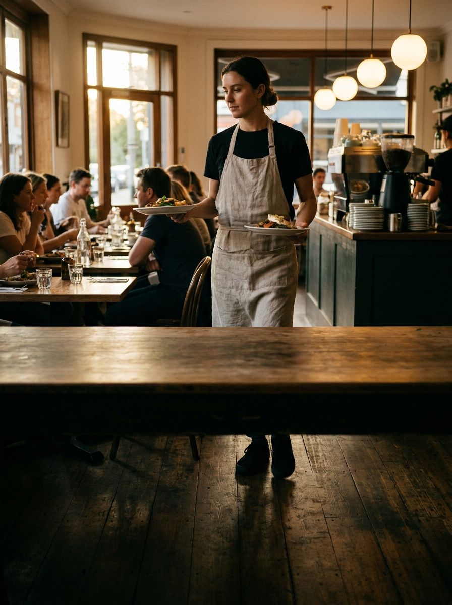 A server carrying plated dishes through a warm, busy cafe-restaurant