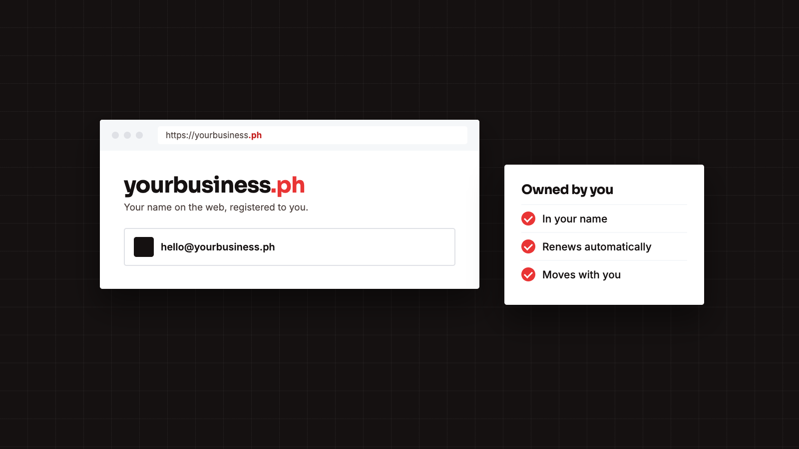 Illustration of a business website address and email on its own .ph domain, owned by the business