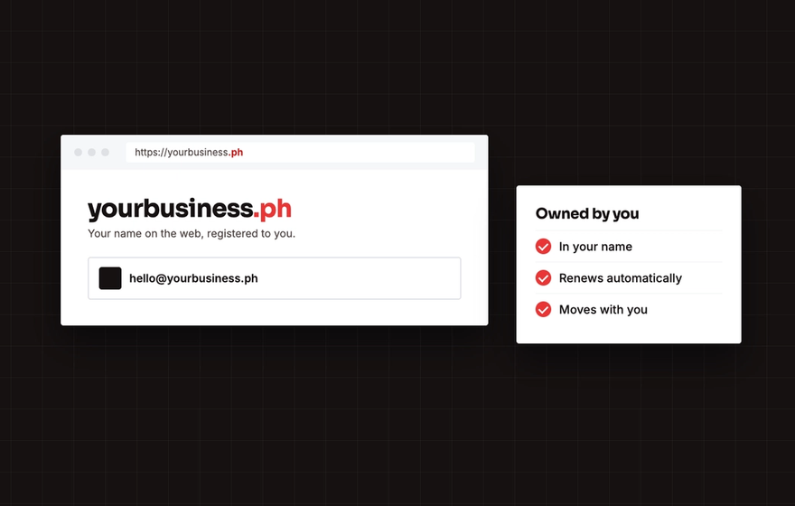 Illustration of a business website address and email on its own .ph domain, owned by the business