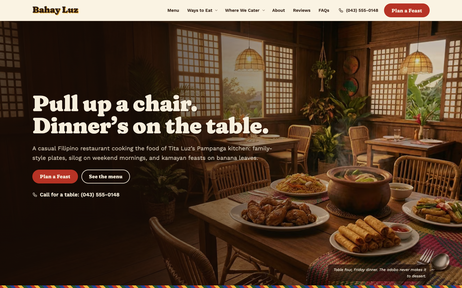 The Bahay Luz homepage: a warm Filipino dining room with family-style dishes on the table
