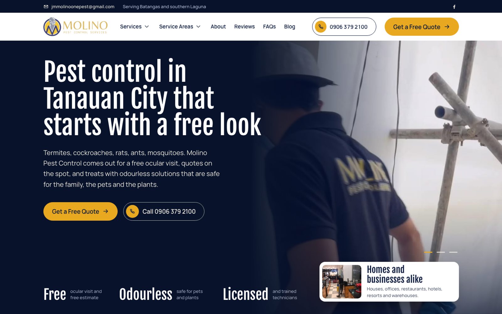 Homepage of the Molino Pest Control website, with the headline Pest control in Tanauan City that starts with a free look beside a technician at work