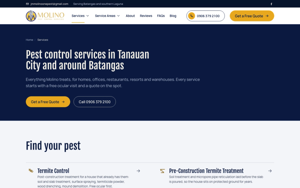 Services index on the Molino Pest Control website, listing termite control and pre-construction termite treatment