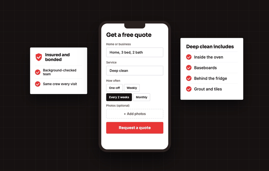 Illustration of a cleaning company quote form on a phone, with a deep clean checklist and an insured and bonded badge