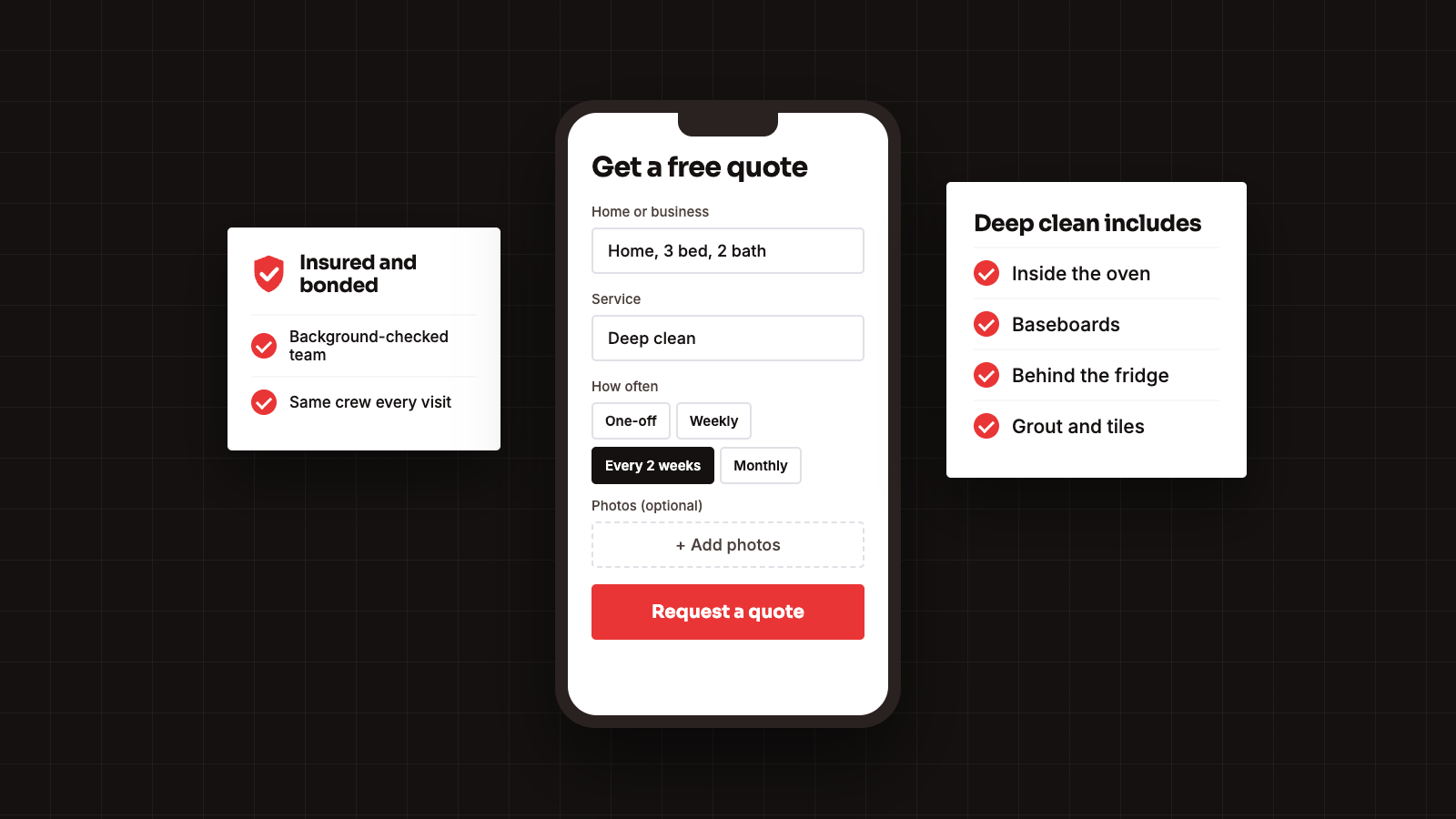 Illustration of a cleaning company quote form on a phone, with a deep clean checklist and an insured and bonded badge