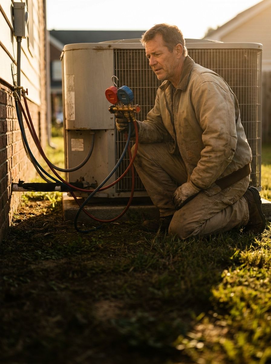 An HVAC technician servicing an outdoor air conditioning unit with gauges attached