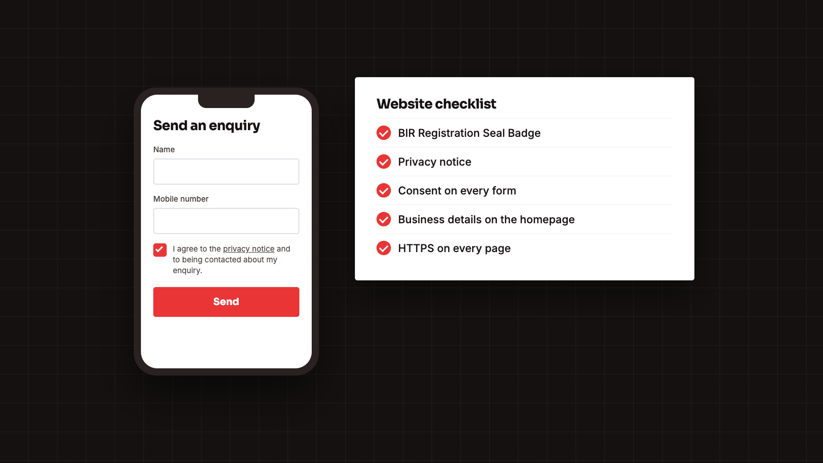 Illustration of an enquiry form with a privacy consent checkbox and a Philippine website legal checklist