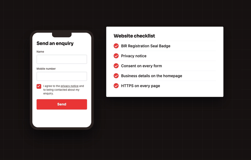 Illustration of an enquiry form with a privacy consent checkbox and a Philippine website legal checklist