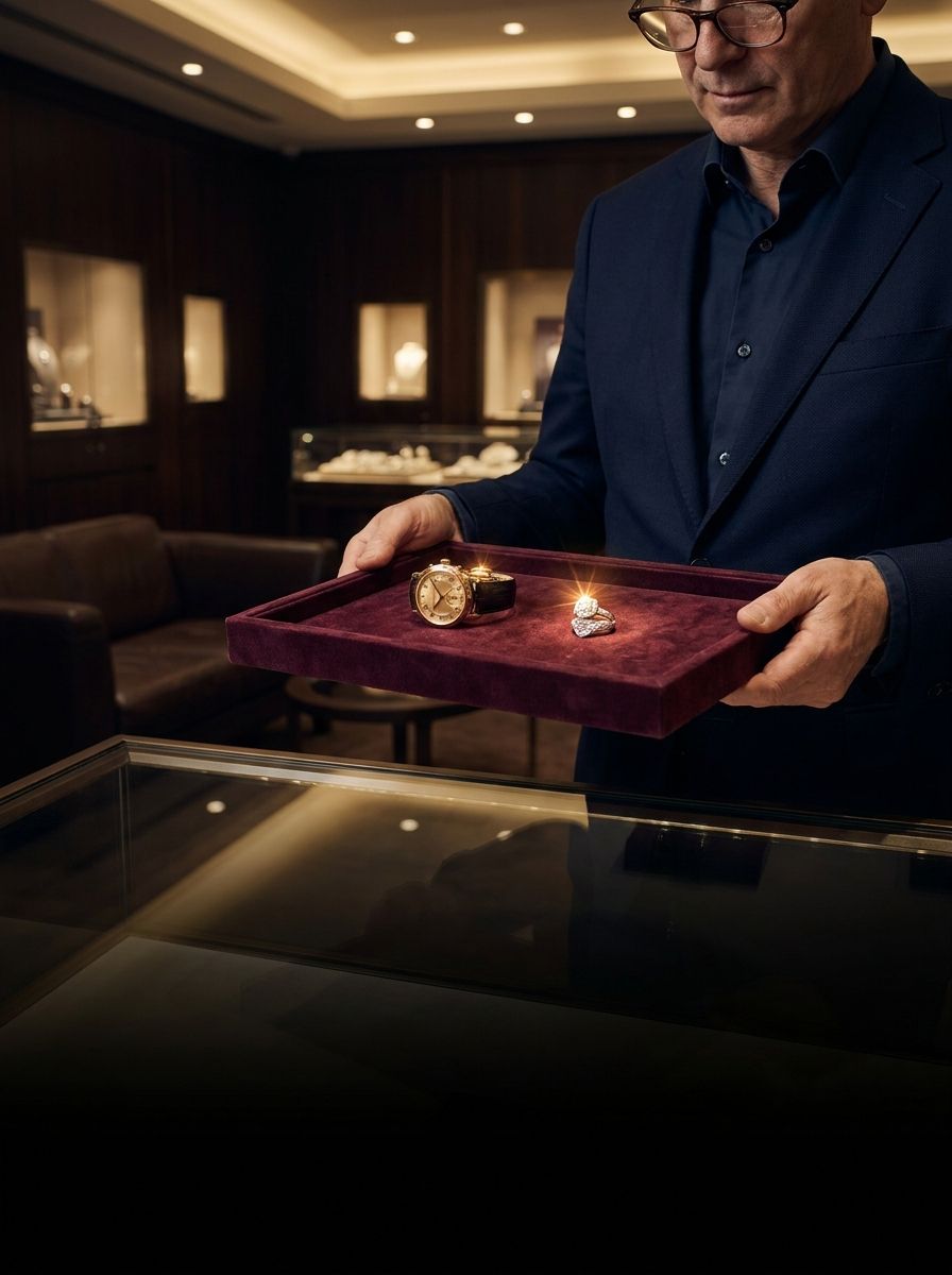 A jeweller presenting a watch and a ring on a velvet tray in a boutique