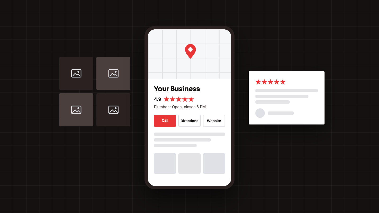 Illustration of a Google Business Profile listing on a phone with reviews, photos and a call button