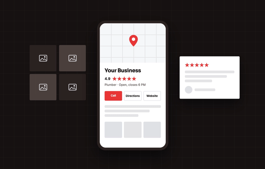Illustration of a Google Business Profile listing on a phone with reviews, photos and a call button