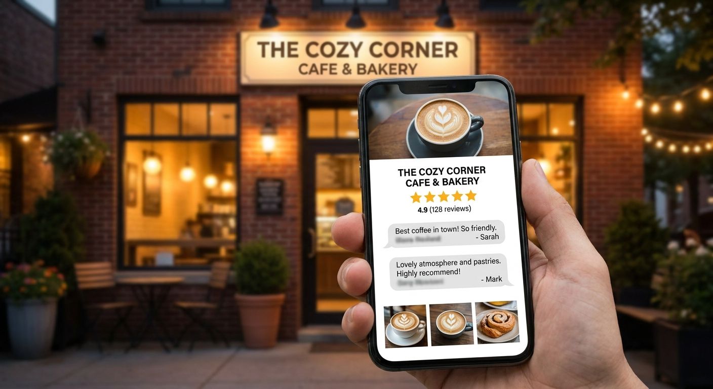 A Google Business Profile listing with reviews and photos on a phone