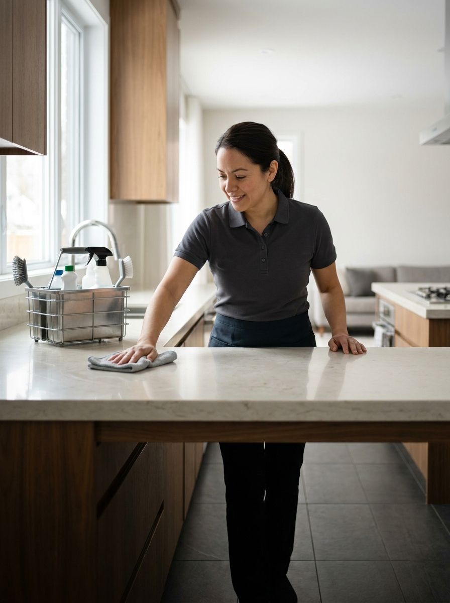 A professional cleaner wiping down a spotless kitchen counter