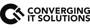 Un logotipo negro para soluciones de ti convergentes sobre un fondo negro