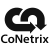 Un logotipo en blanco y negro para conetrix con una flecha apuntando hacia abajo