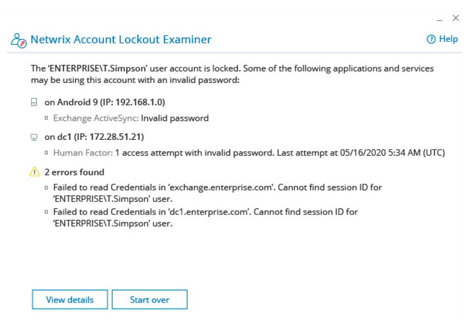 Uno screenshot della finestra dellesaminatore di blocco account di rete