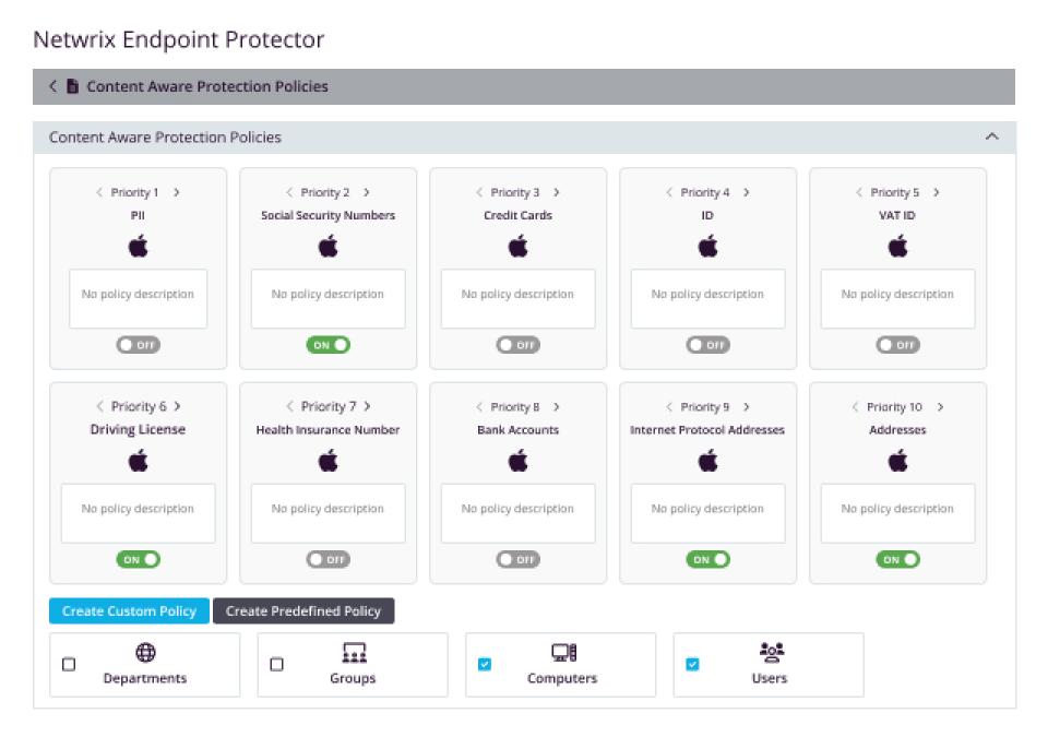 Netwrix endpoint protector ui displaying content aware data protection policies with a grid of data type specific policies and onoff toggles plus options to create and scope policies