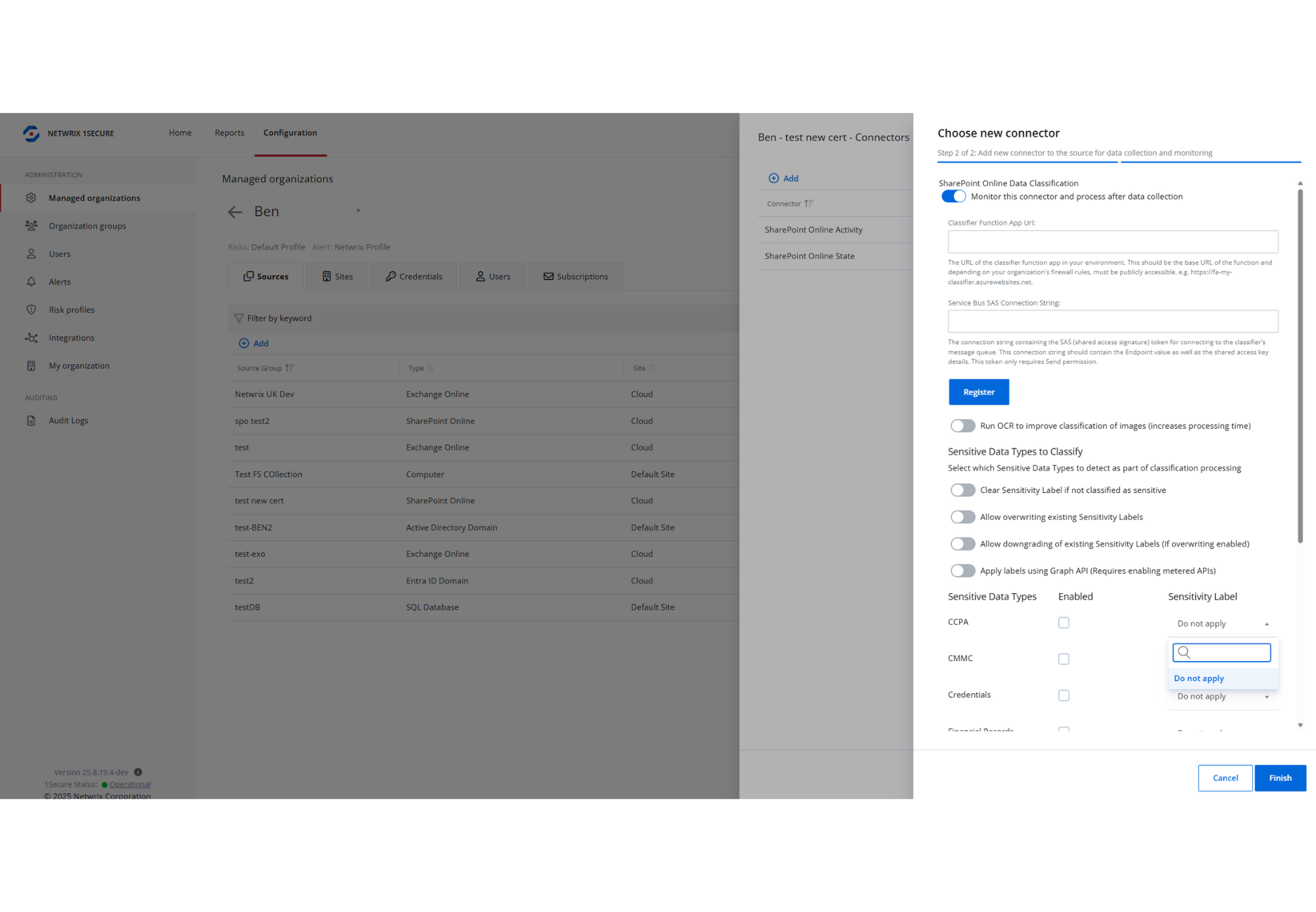 A software interface showing a choose new connector pop up for sharepoint online data classification with various sensitive data classification settings