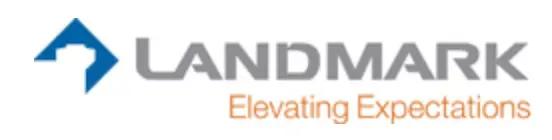 A logo for landmark elevating expectations with a blue arrow