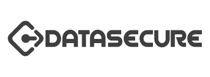 A black and white logo for datasecure on a black background