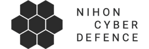 A logo for nihon cyber defence with a hexagon on a black background