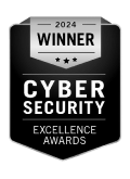 A black and white badge that says winner cyber security excellence awards