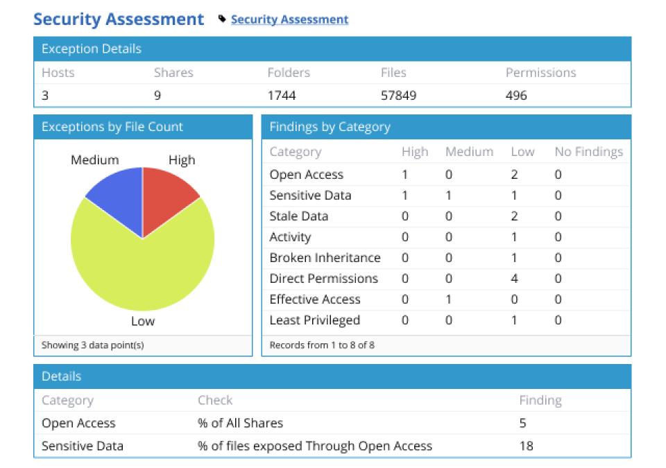 A security assessment dashboard displaying file and folder exception details a pie chart showing mostly low severity exceptions and a table of security findings categorized by high medium and low impact