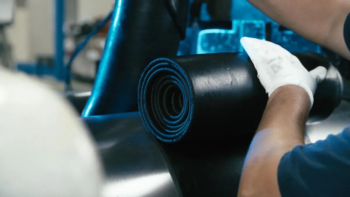 A person is holding a roll of rubber in a factory