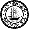 A black and white seal of the city of tampa florida with a sailboat in the center