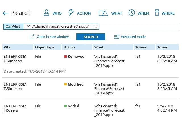Netwrix auditor search results showing who what when and where for a file change