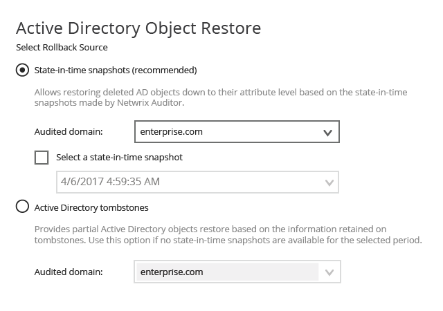 A screenshot of the active directory object restore page