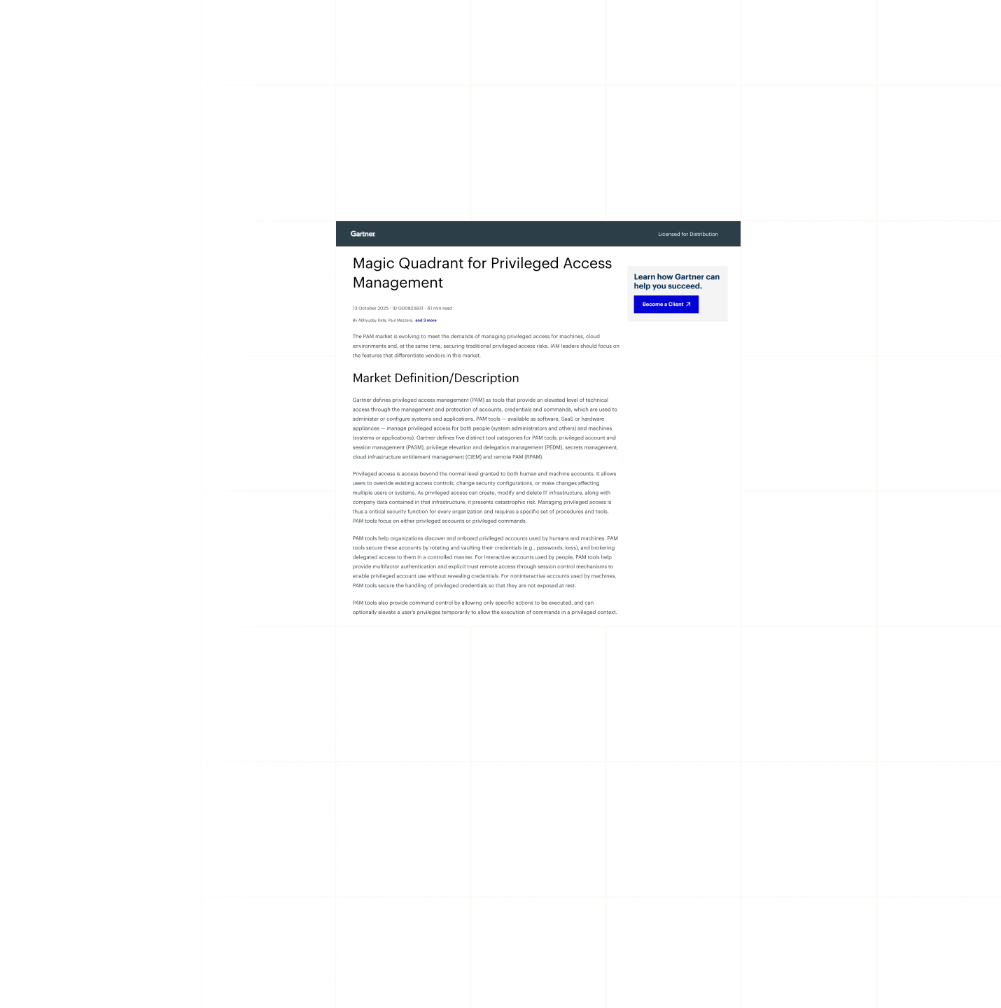 Pgina web del gartner magic quadrant para privileged access management con definicin del mercado