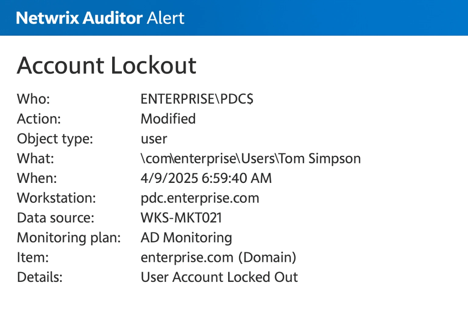 A screenshot of a network auditor alert showing an account lockout