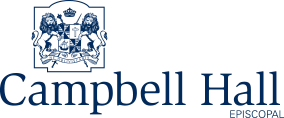 O logotipo do campbell hall azul e cinza em um fundo preto