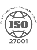 A black and white iso 27001 logo on a black background