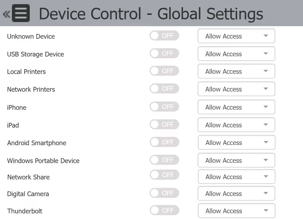 Set deny allow or read only rights for usb storage printers bluetooth and other devices so phi only moves to the people and devices you have approved