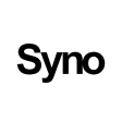 A black and white logo for syno with a white background