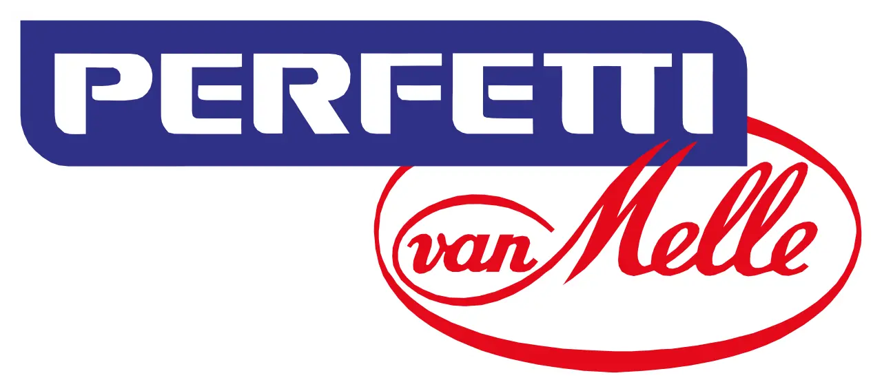 A blue and white logo for perfetti van melle