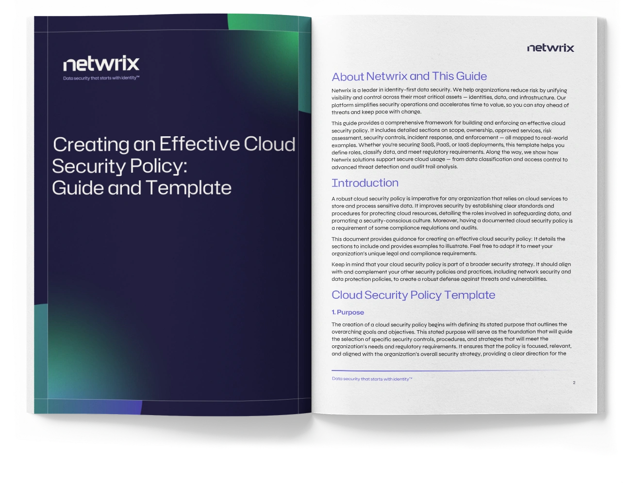 An open guide from netwrix titled creating an effective cloud security policy guide and template showing the cover and introductory text