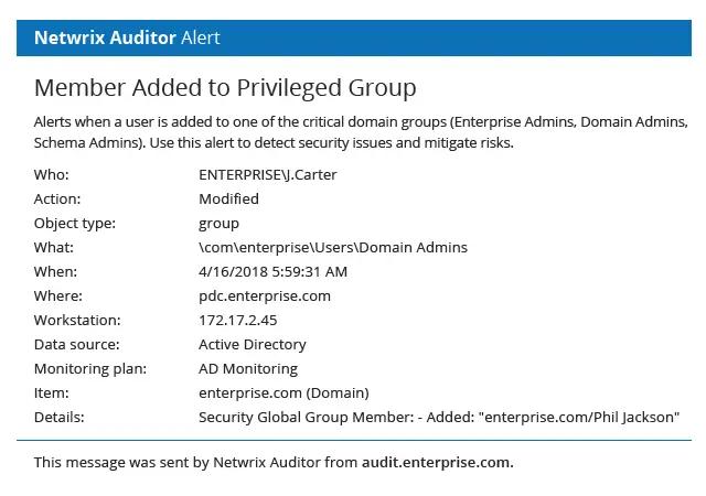 A screenshot of a network auditor alert showing a member added to a privileged group