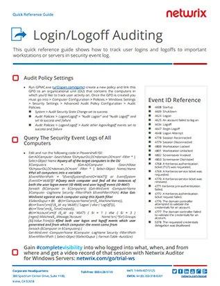 A quick reference guide shows how to track user logins and logoffs to important workstations or servers in security event log