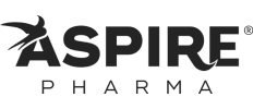 The aspire pharma logo is black and white on a black background