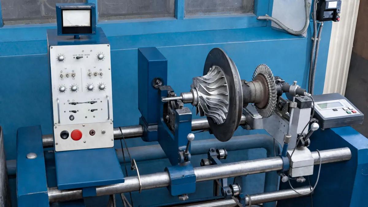 A machine is cutting a piece of metal on a lathe in a factory