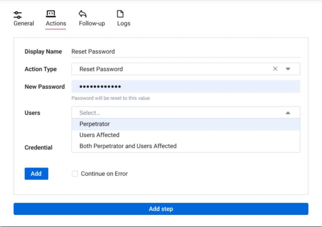 Ui for a reset password action under the actions tab showing fields for a new masked password and user selection including perpetrator and users affected