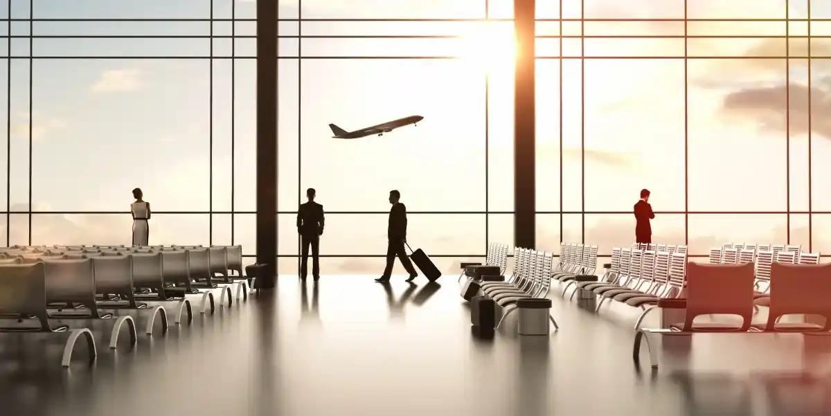 A man is walking with a suitcase in an airport while a plane is taking off