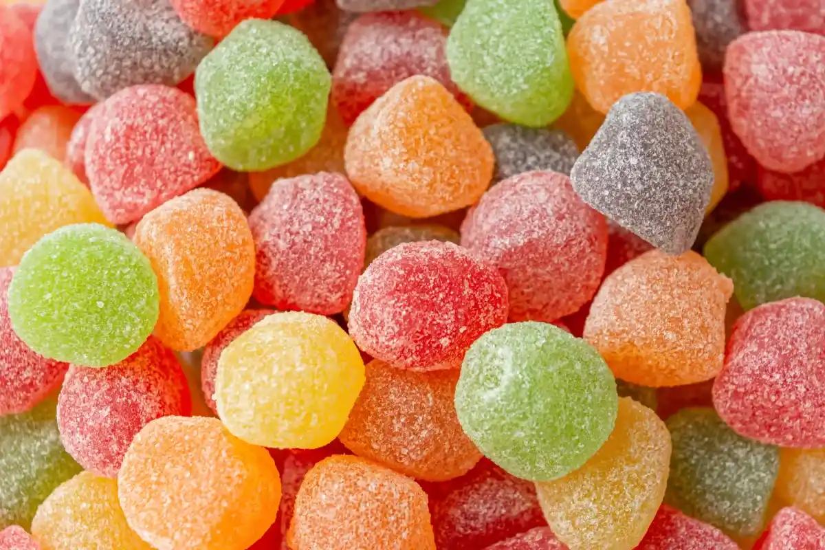 A close up of a pile of colorful jelly candies