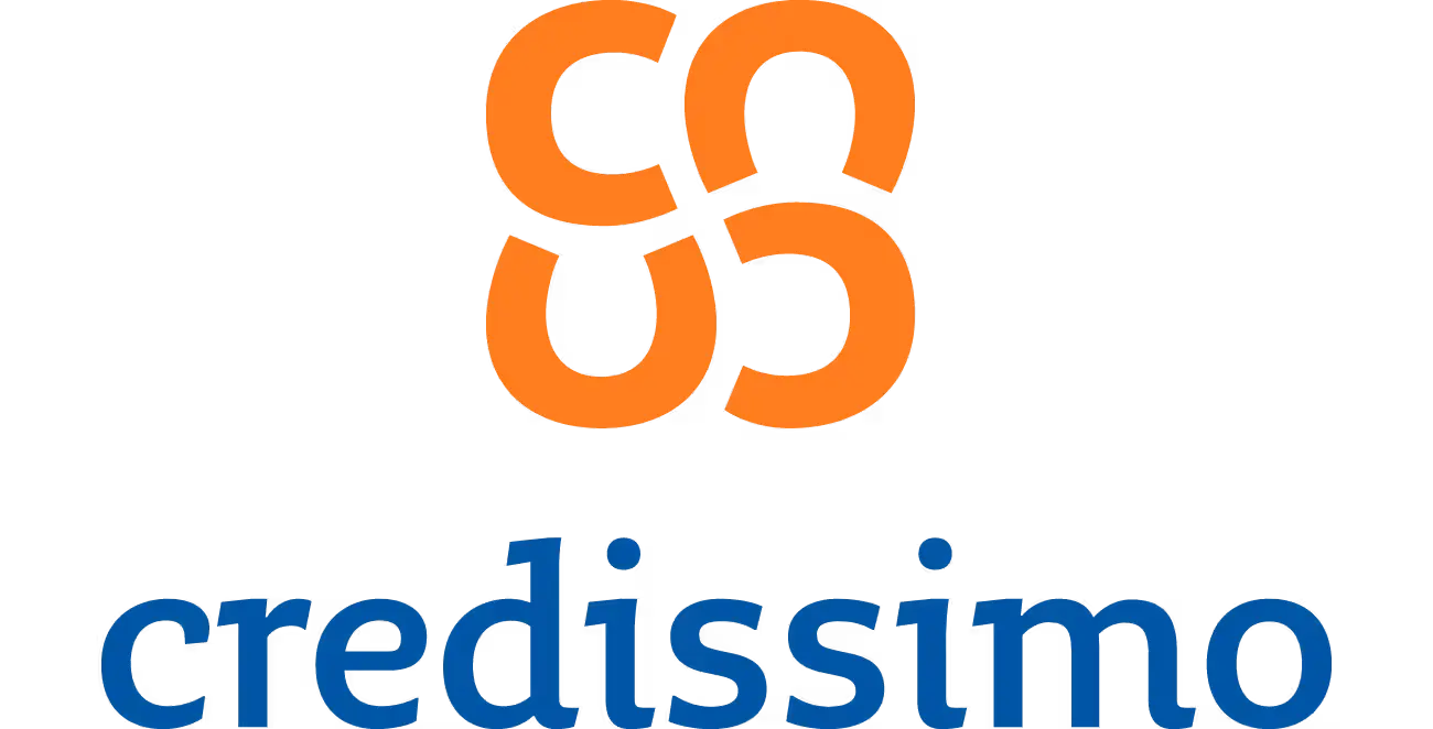 Un logotipo naranja y azul para credissimo sobre un fondo negro