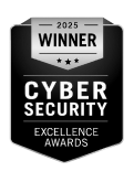 A black and white badge that says winner cyber security excellence awards