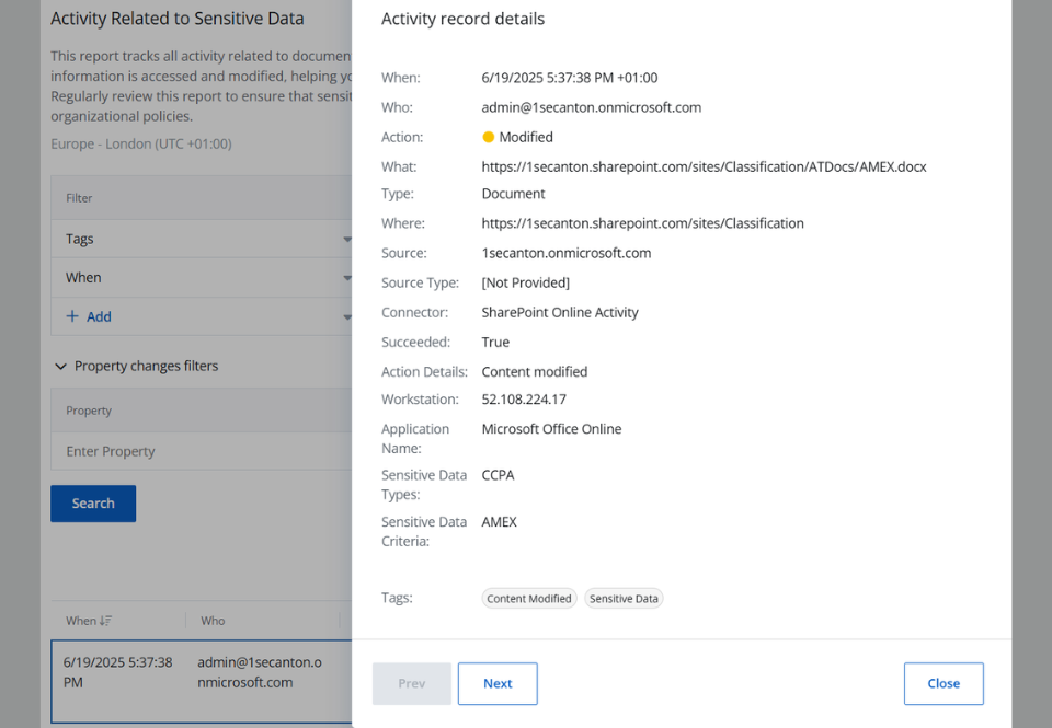 A table showing activity related to sensitive files and folders