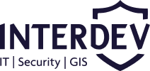 A purple interdev security gis logo on a black background