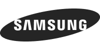 A black and white samsung logo on a black background